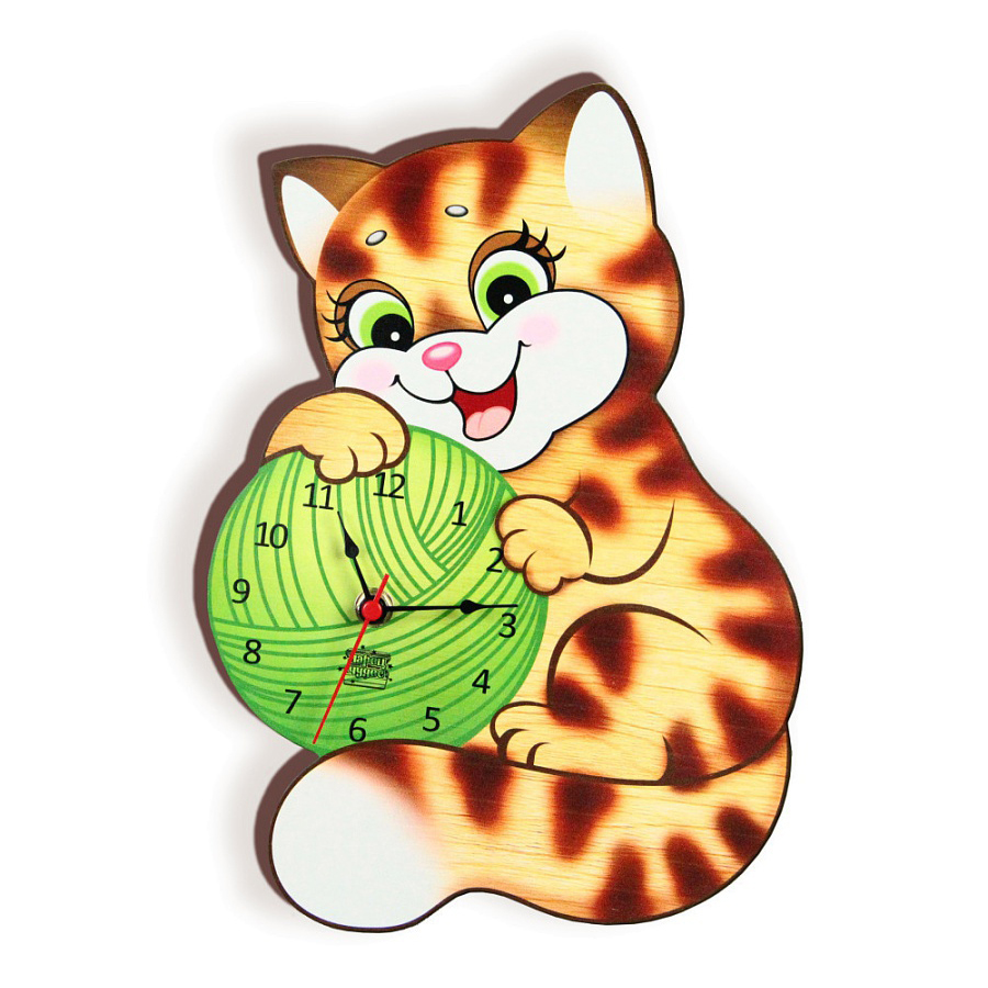 Деревянные часы «Мурка с клубком»