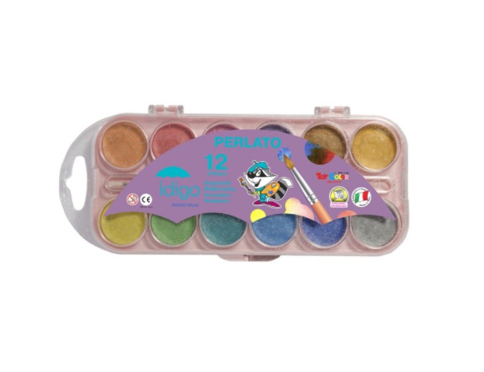 Акварель перламутровая полусухая, 12 цветов с кистью, бренд Idigo